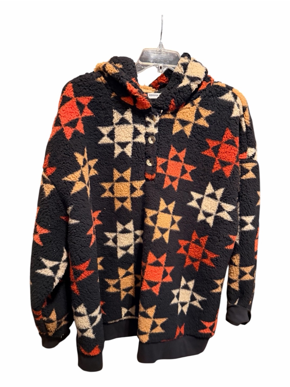 Plus size women’s Black Star-Pattern Sherpa Pullover Hoodie - Multicolor